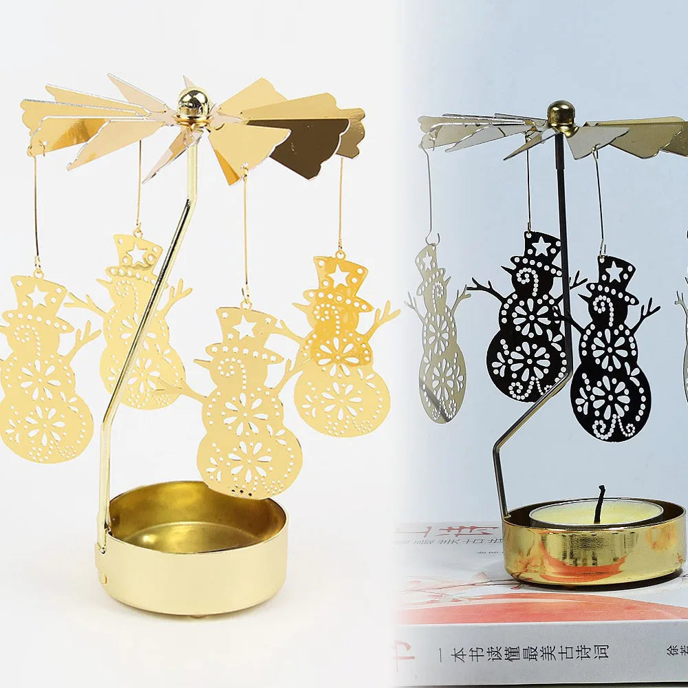 Gold rotating candle holder with heat-powered spinning carousel featuring cutout reindeer designs.