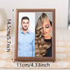 A wooden photo frame displaying a split image of a man and a woman.