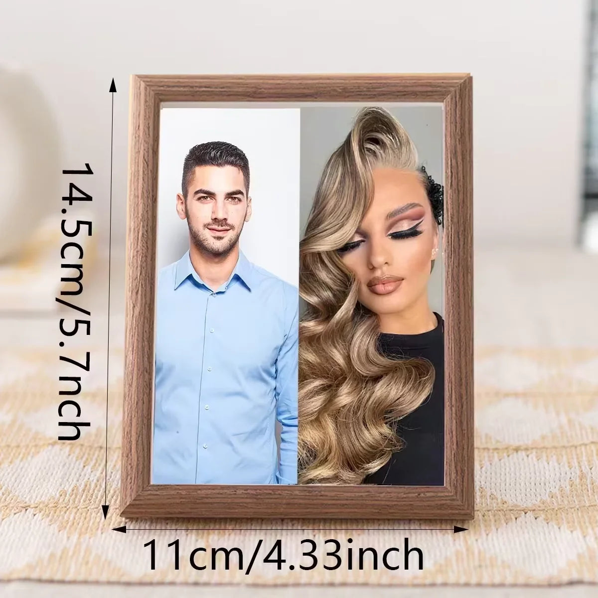 A wooden photo frame displaying a split image of a man and a woman.