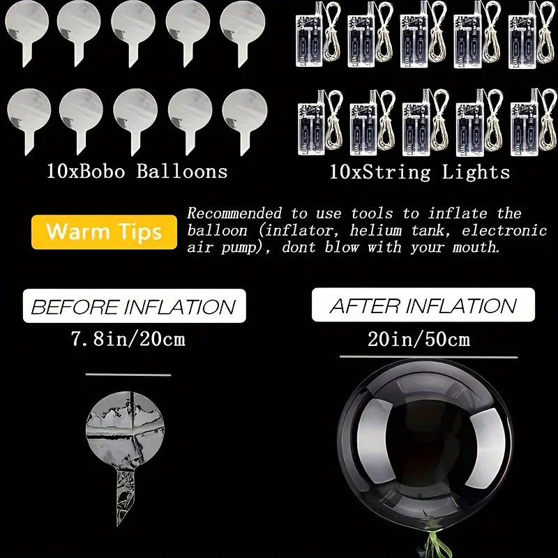 A set of 10 Bobo balloons and 10 string lights shown before and after inflation.