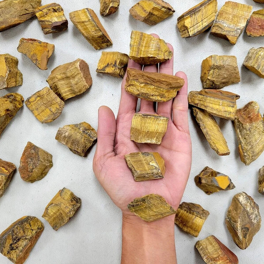 A hand holds numerous natural raw healing crystal stones of various shapes and shades on a light gray background.