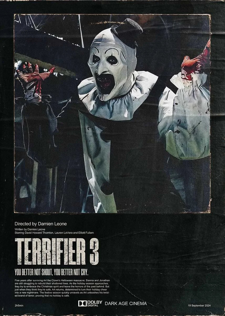 Movie poster for Terrifier 3 featuring a menacing clown character against a dark background.