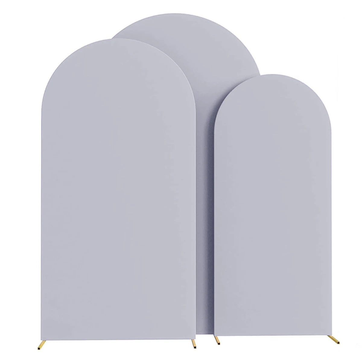 Three light purple spandex fitted wedding arch covers standing upright