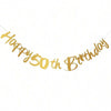 Elegant black and gold glitter banner spelling out Happy 50th Birthday