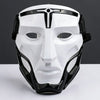 A white and black tactical warden cosplay mask with a stylized face design.