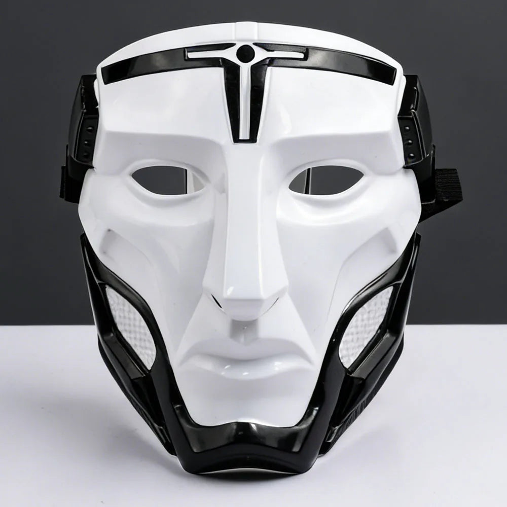 A white and black tactical warden cosplay mask with a stylized face design.