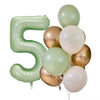 Five foil balloons in shades of olive green and gold forming the number 5 for a celebration