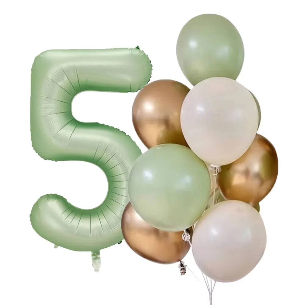Five foil balloons in shades of olive green and gold forming the number 5 for a celebration