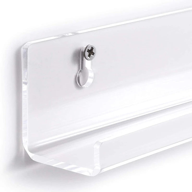 Clear acrylic floating record shelf with a silver hook for display