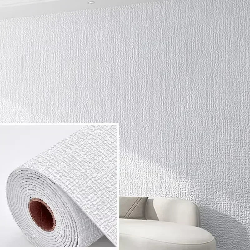 Roll of self-adhesive 3D linen texture wallpaper panels on a white wall.