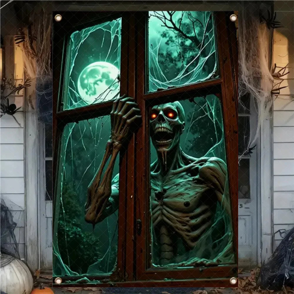 A spooky Halloween window banner featuring a skull and skeletal hands in a dark green, vine-covered frame.