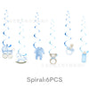 Six blue spiral balloons featuring a baby stroller, a stuffed animal, and a baby bottle for shower decor