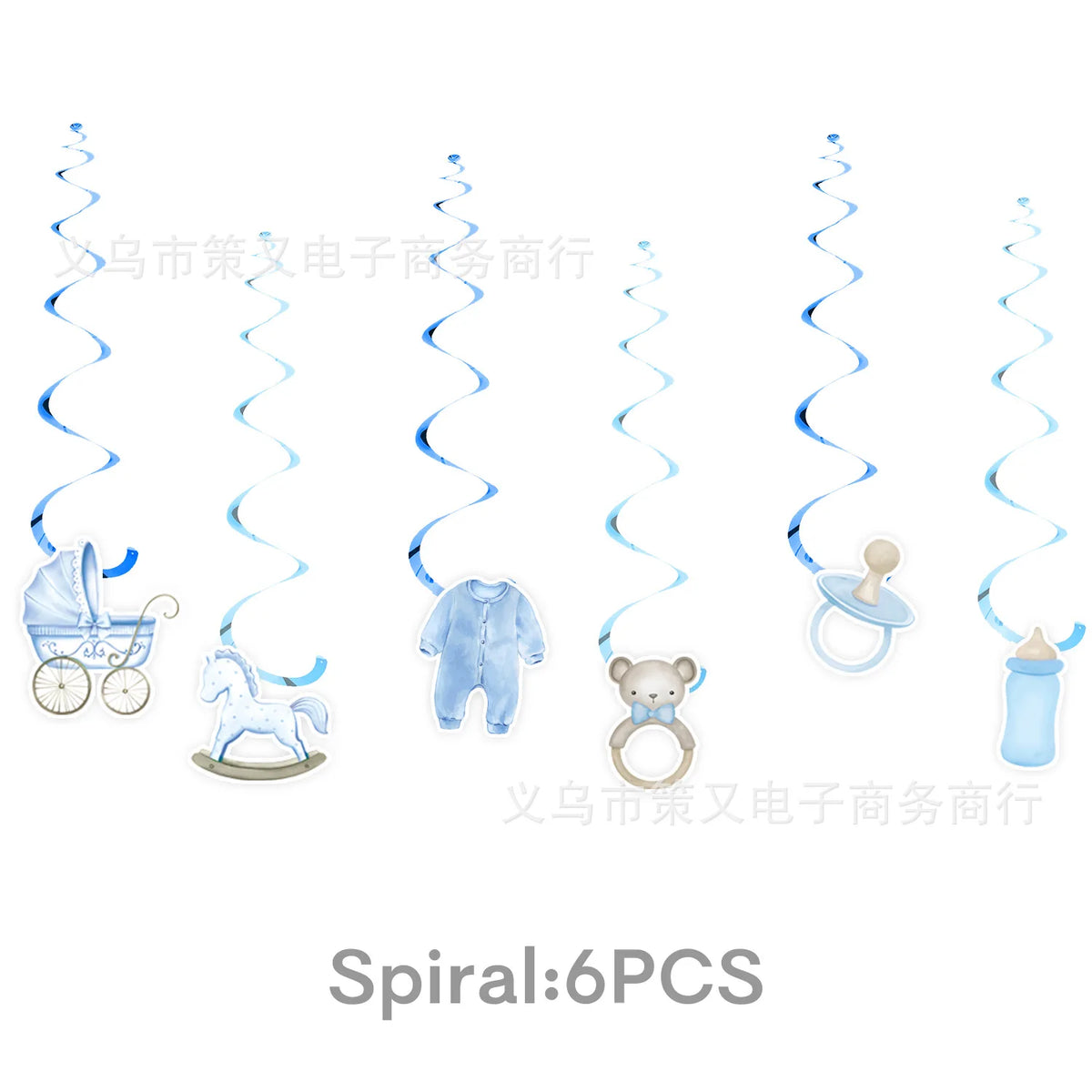 Six blue spiral balloons featuring a baby stroller, a stuffed animal, and a baby bottle for shower decor