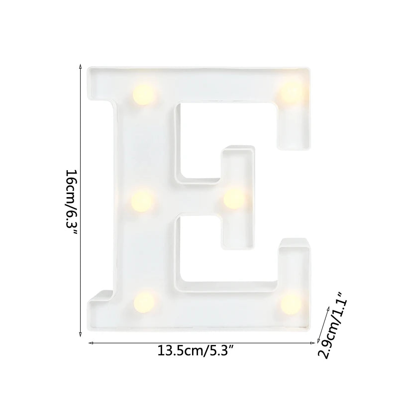 A white alphabet letter E light fixture with warm white LED lights.
