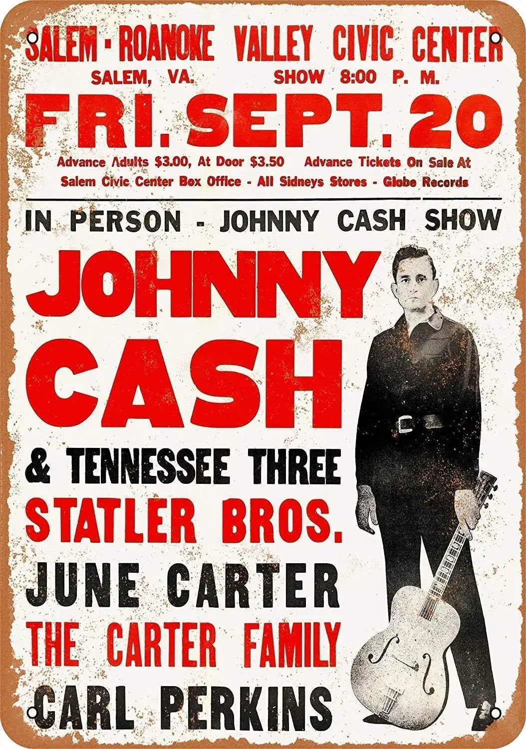 Póster vintage anunciando a Johnny Cash y Tennessee Three Statler Bros. en Salem, VA.
