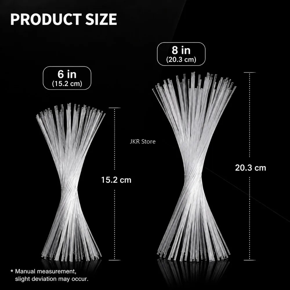 A set of transparent acrylic cake topper sticks shown in various lengths, including 6 inches and 8 inches.