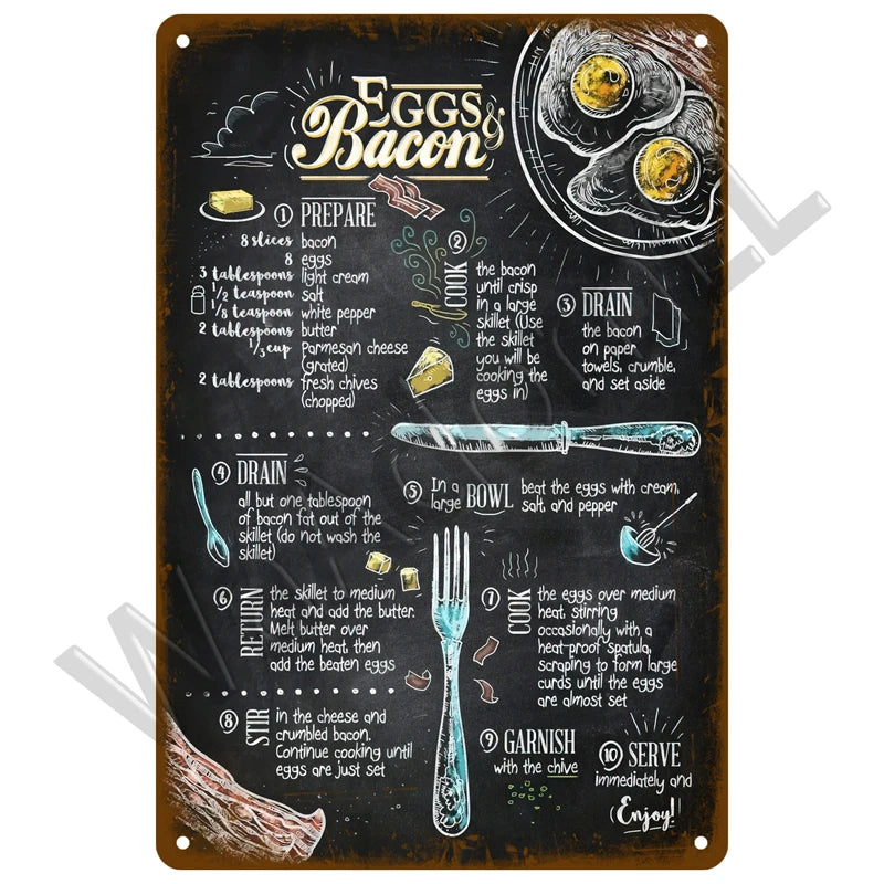 A dark plaque with instructions for preparing Eggs Bacon and a drawing of the finished dish.