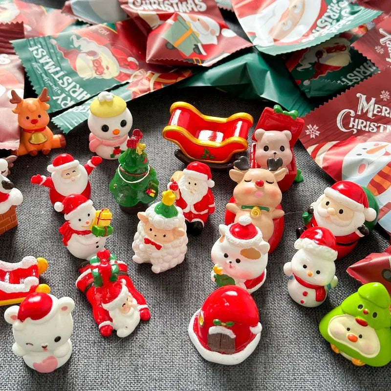 A collection of festive Santa Claus and snowman figurines in various colors and packaging for Christmas decor.