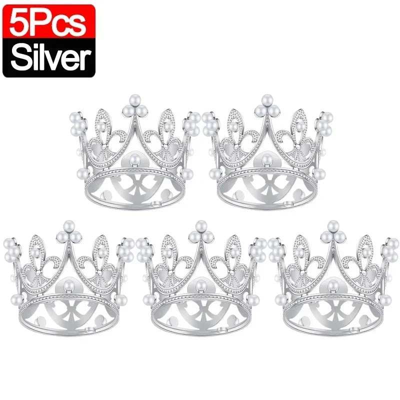 Five silver crown cake topper decorations for baking