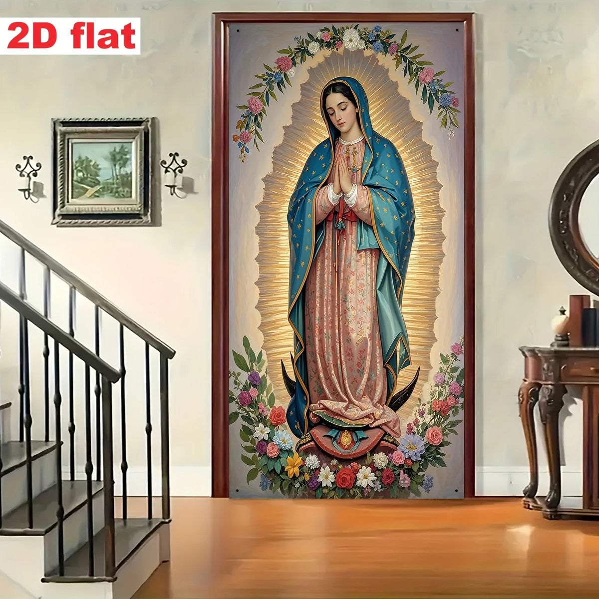 Guadalupe Madonna Religious Wall Art Gate Flag with Golden Halo and Floral Design