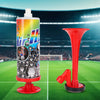 A red reusable air pressure horn is shown next to a tall, cylindrical version for sports events.
