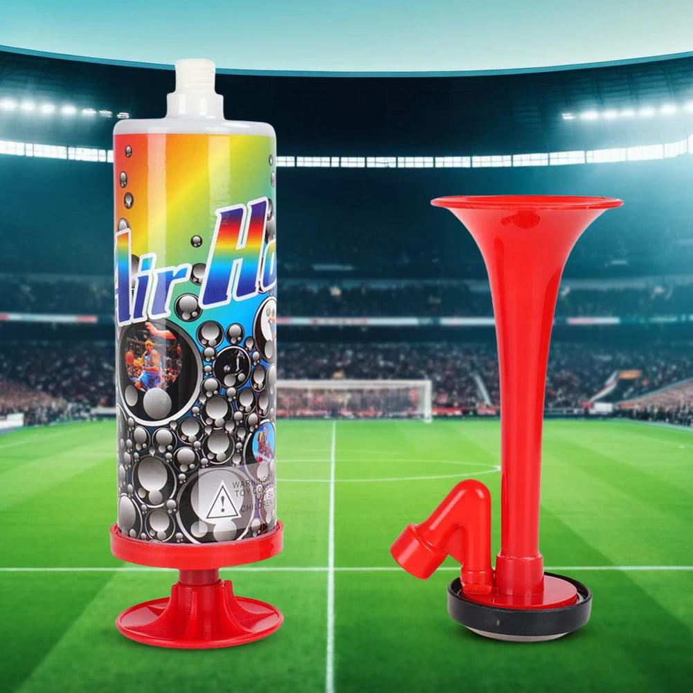 A red reusable air pressure horn is shown next to a tall, cylindrical version for sports events.