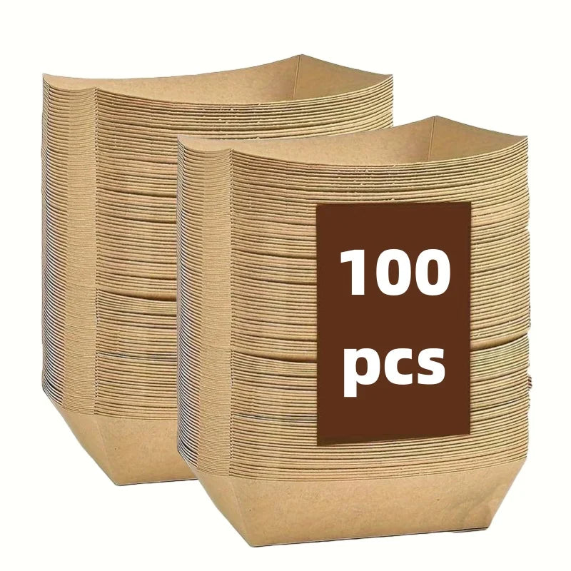A stack of 100 brown kraft paper food trays or disposable serving boats.