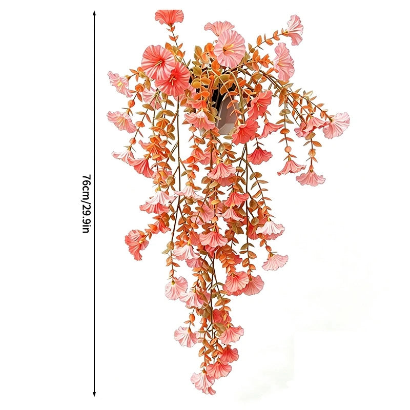 Artificial morning glory hanging flowers in shades of pink and orange with a UV-resistant finish