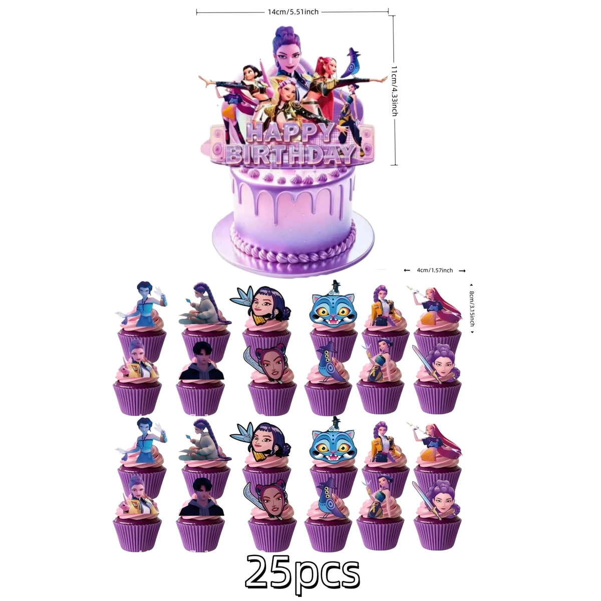 A set of 25 anime hunter girl cake toppers featuring various characters in purple and pink colors.