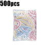 A pile of 500 disposable elastic bowl covers with food wrap in various colors like red, yellow, and blue.