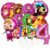 A set of pink and yellow balloons featuring characters from Masha and Bear for a party decoration.