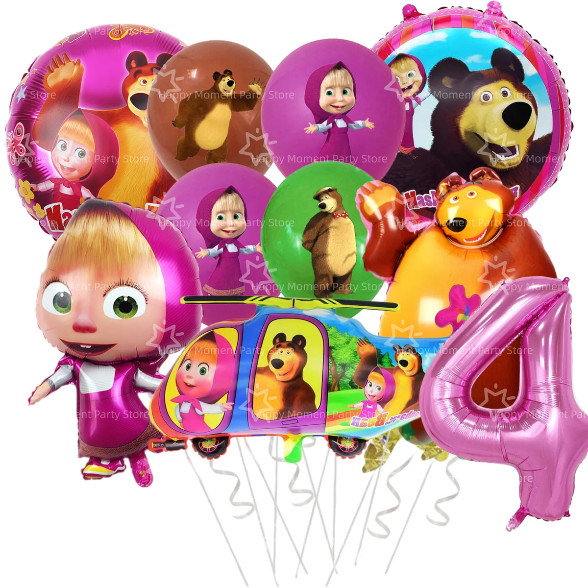 A set of pink and yellow balloons featuring characters from Masha and Bear for a party decoration.