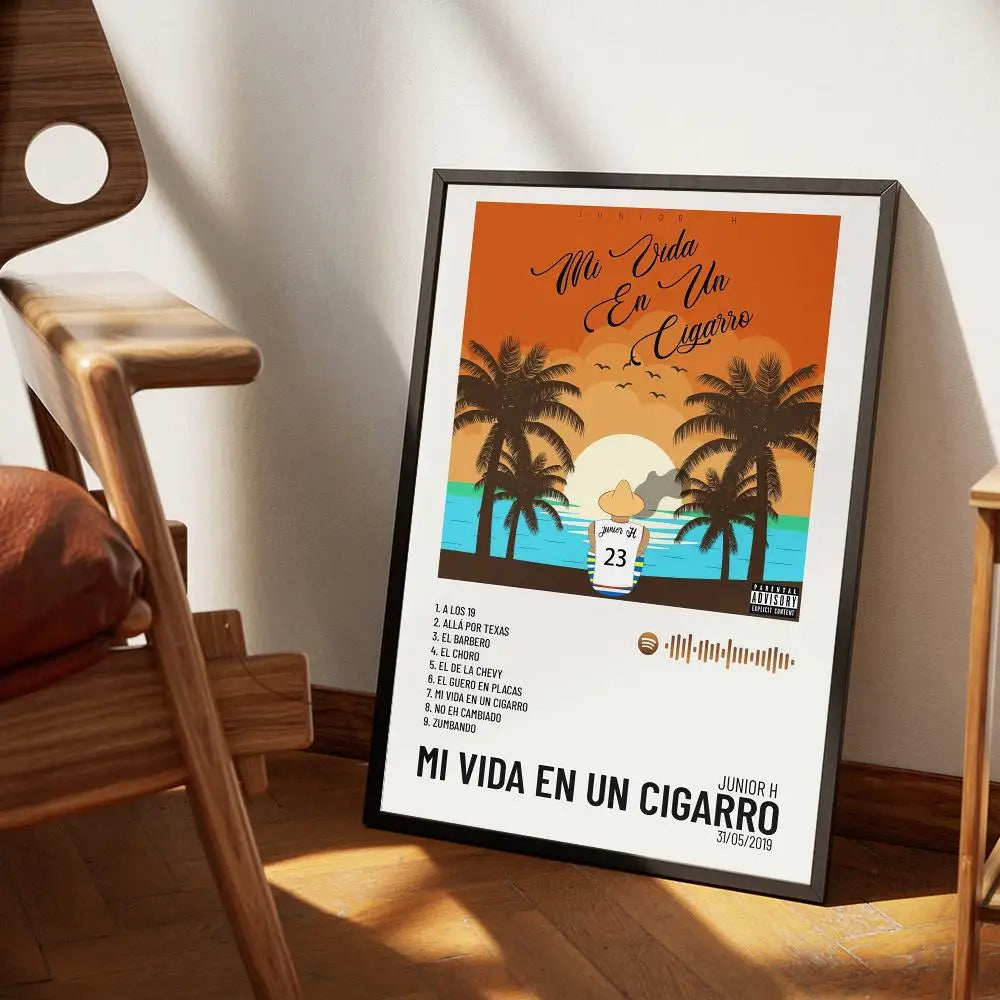 A framed canvas wall art print titled Mi Vida En Un Cigarro featuring palm trees and an orange sunset.