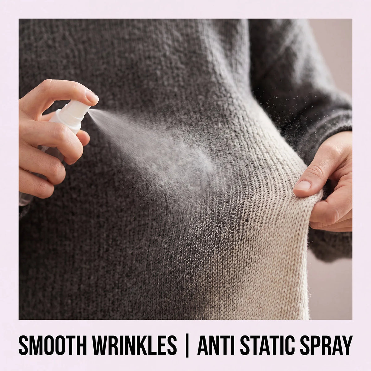 A hand sprays an anti-static fabric spray onto a gray knitted sweater to smooth wrinkles.