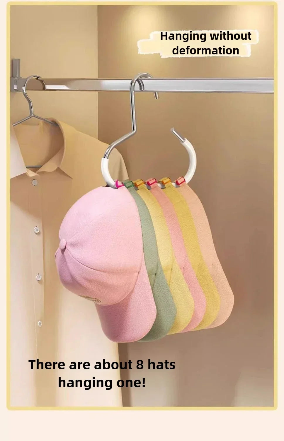 A round multi-purpose closet hook is hanging on a metal bar, displaying eight colorful hats.