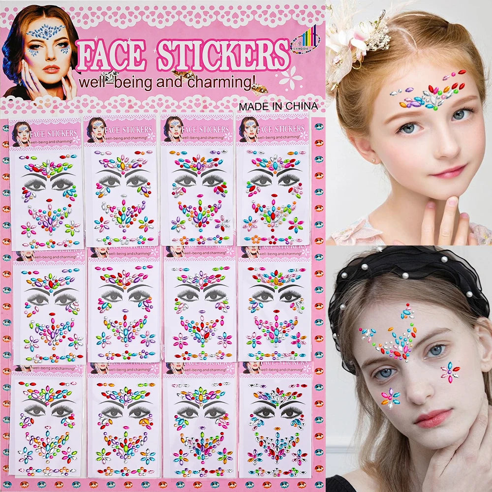 Pack of face stickers for well-being and charming designs featuring colorful glitter gems on a pink background
