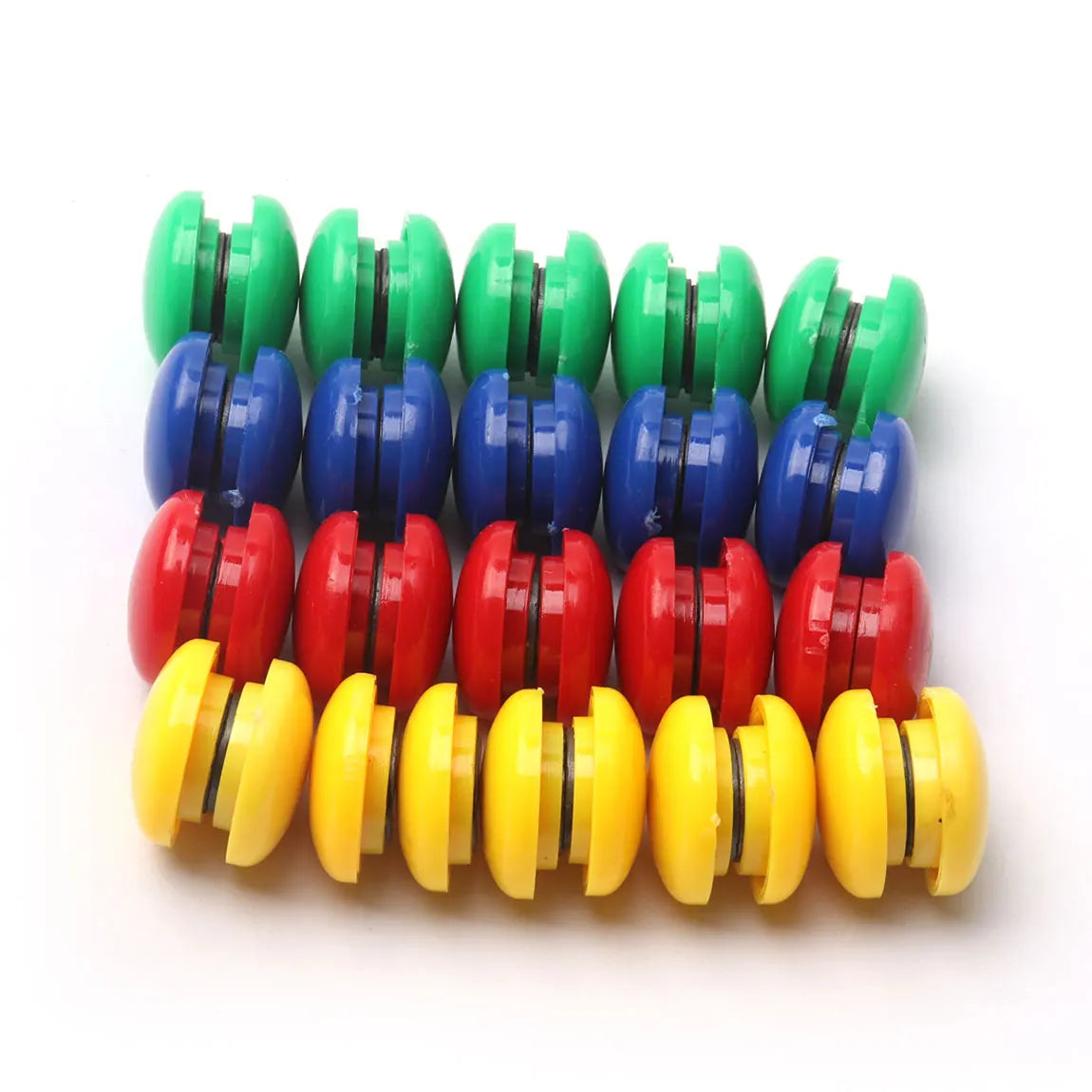 A set of ten colorful refrigerator magnets in shades of green, blue, and red arranged in a row.