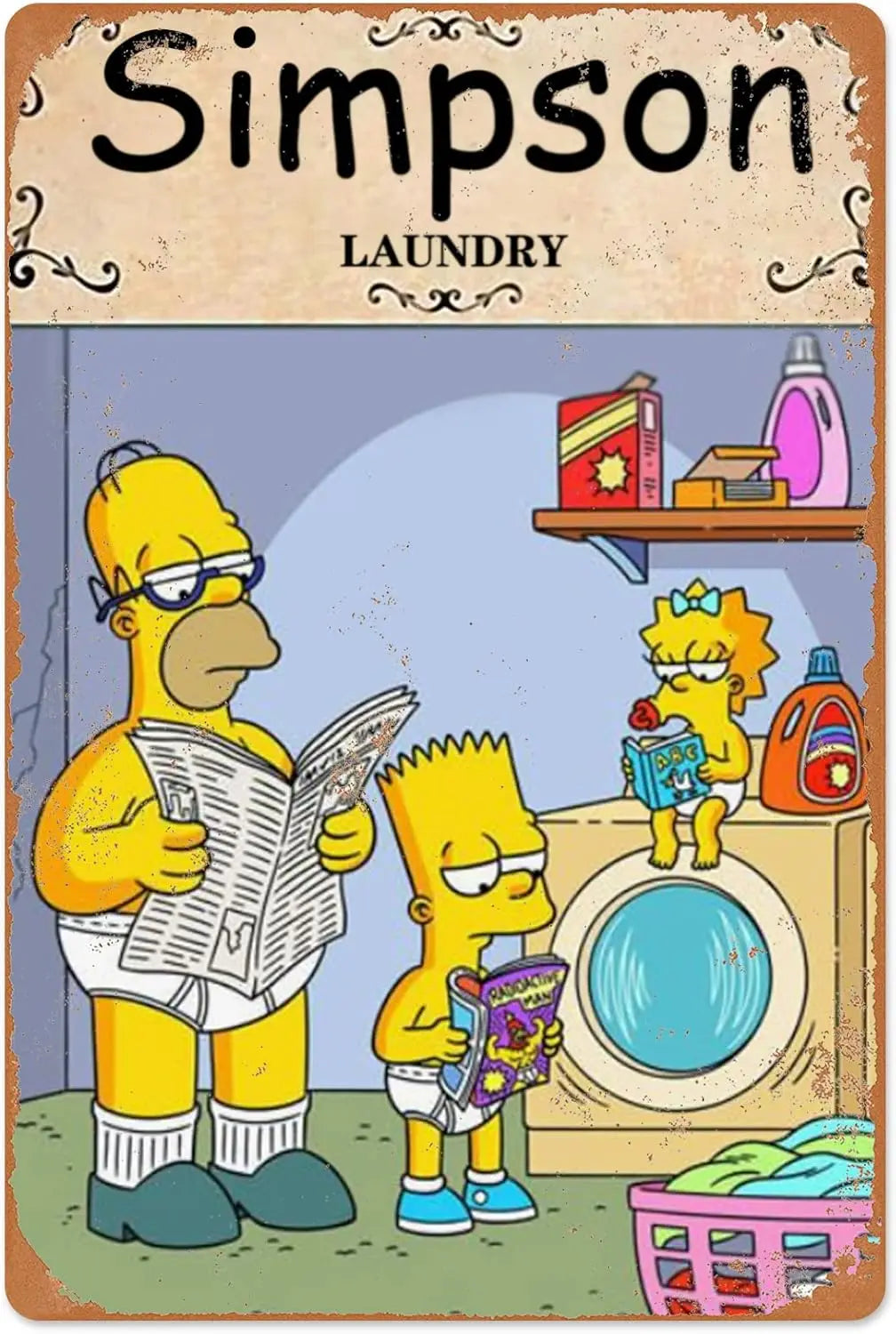 A cartoon depiction of the Simpsons family in front of a laundry machine, styled as a vintage tin sign.
