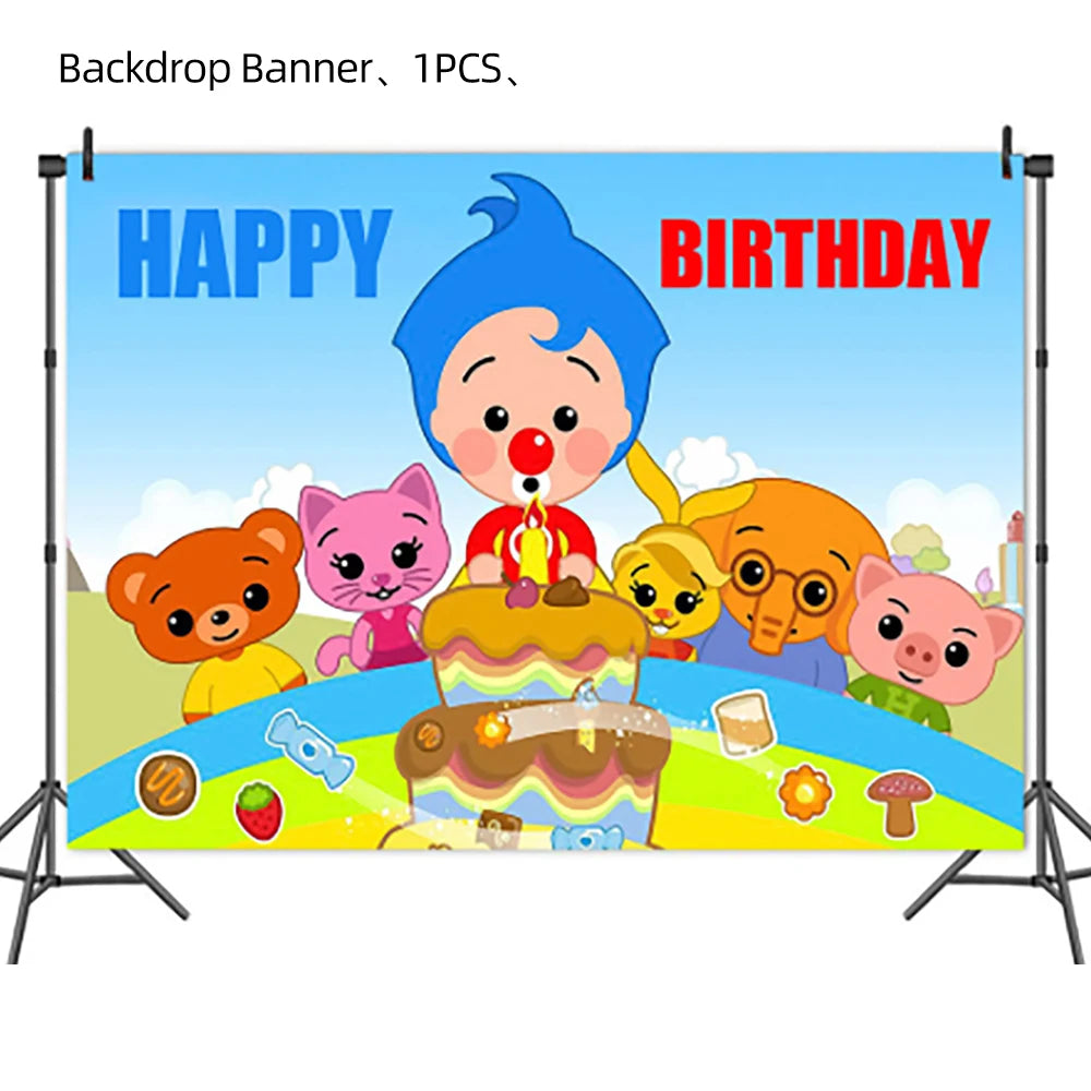 A colorful backdrop banner for a happy birthday party featuring cartoon animals and a cake.