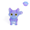 A purple 3D printed cat figurine with large yellow eyes and an articulated tail.