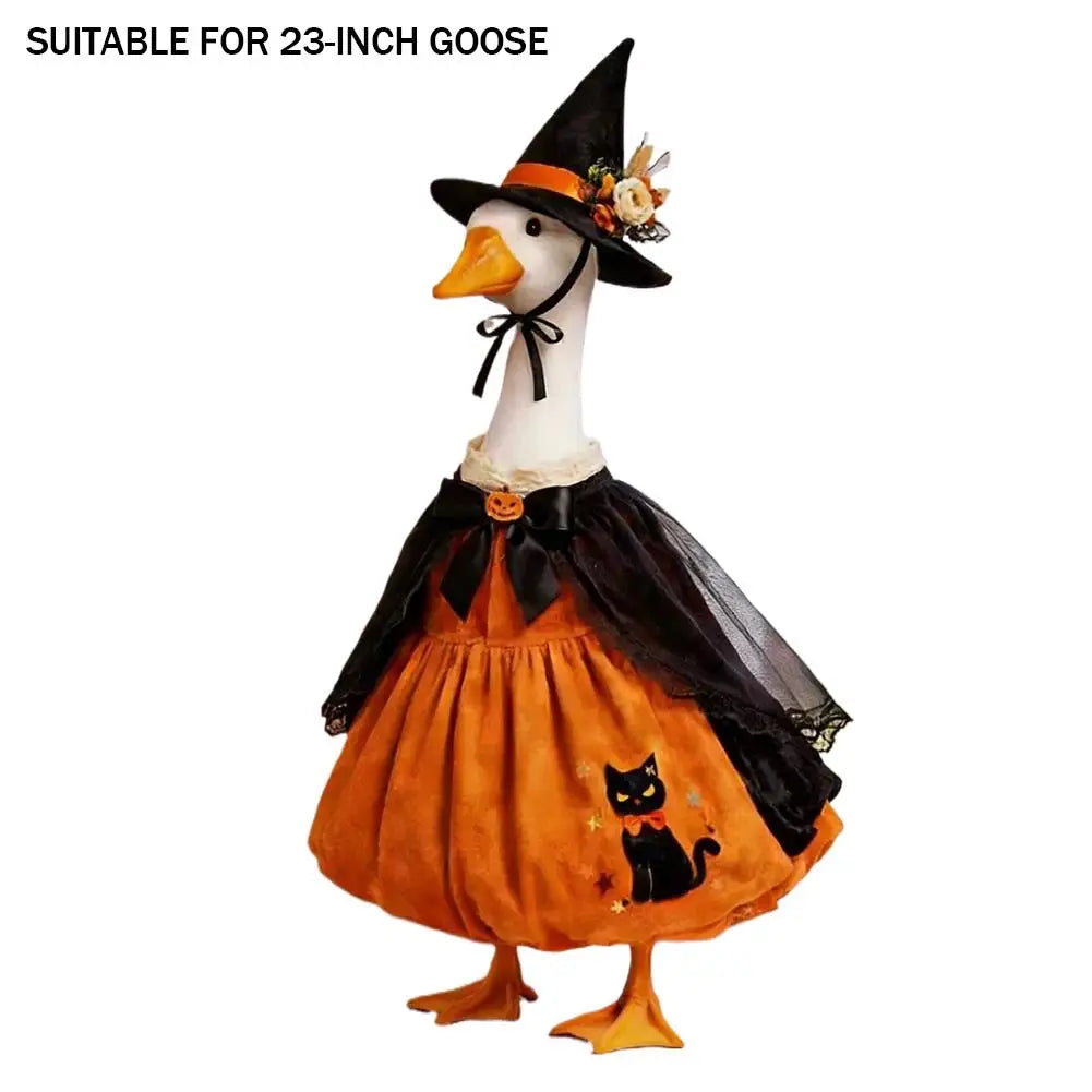 A Halloween lawn goose costume featuring a black witch hat, orange body, and cape with a black cat design.