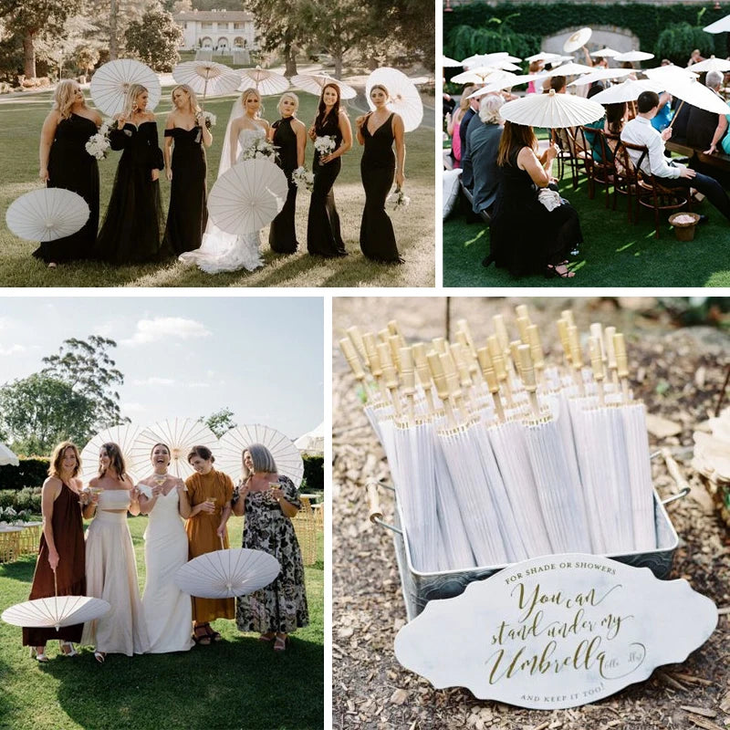 A collection of white oil paper umbrellas used for weddings and decor.