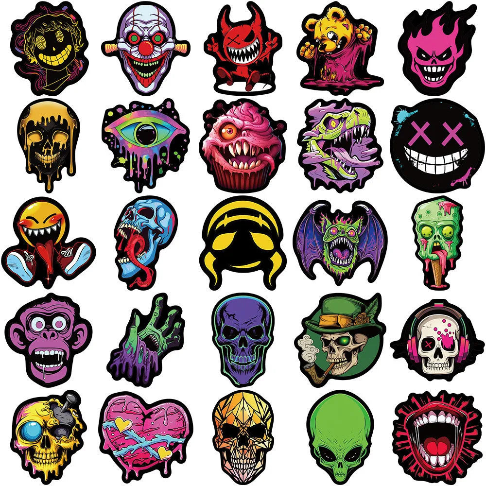 A collection of various skull and ghost face designs in different colors and styles for decals.