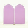 A pair of seamless lilac stretchable arch backdrop covers used for party and event decoration.