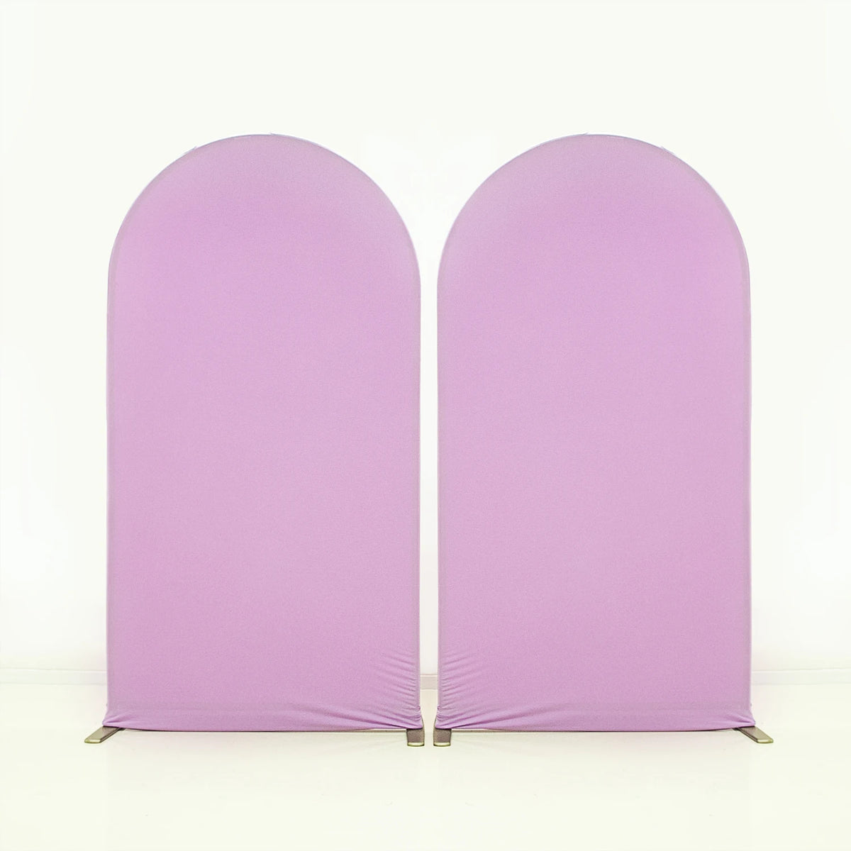 A pair of seamless lilac stretchable arch backdrop covers used for party and event decoration.