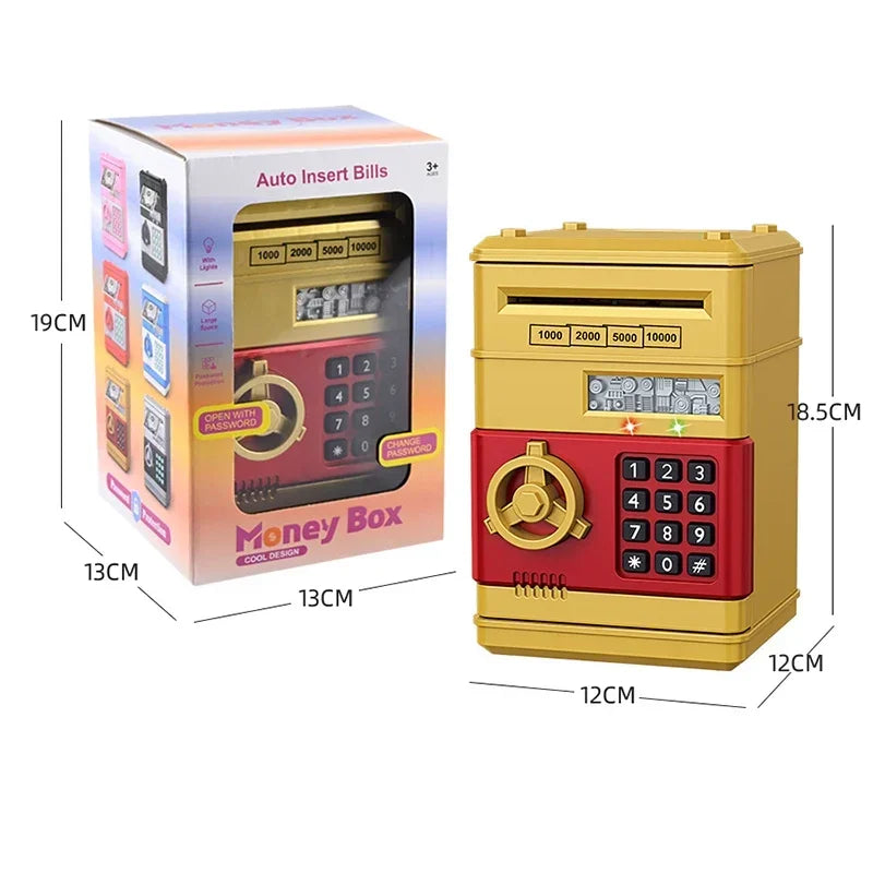 A yellow and red electronic money box or piggy bank with a digital display and numbered buttons.