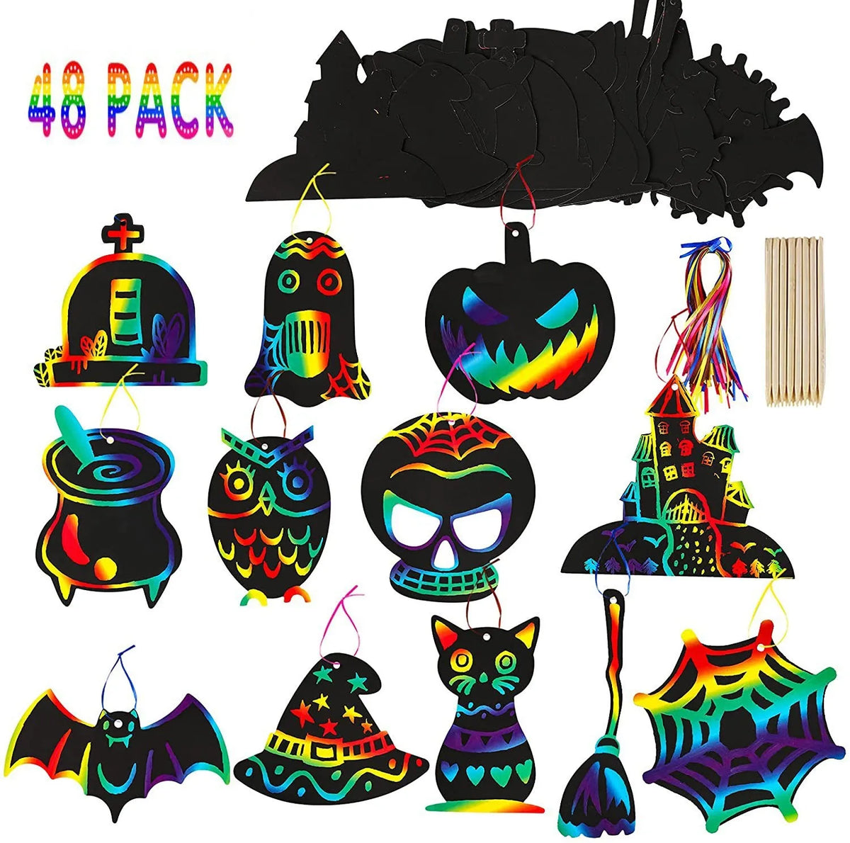 A set of 40 Halloween rainbow scratch art cards featuring spooky and colorful seasonal designs.