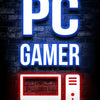 Neon blue and red text spelling PC GAMER displayed on a dark brick wall with an illuminated computer monitor and tower.
