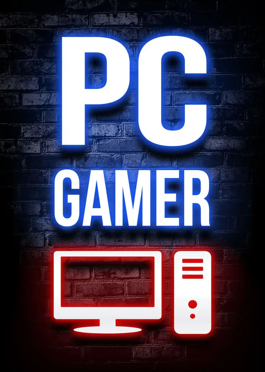 Neon blue and red text spelling PC GAMER displayed on a dark brick wall with an illuminated computer monitor and tower.