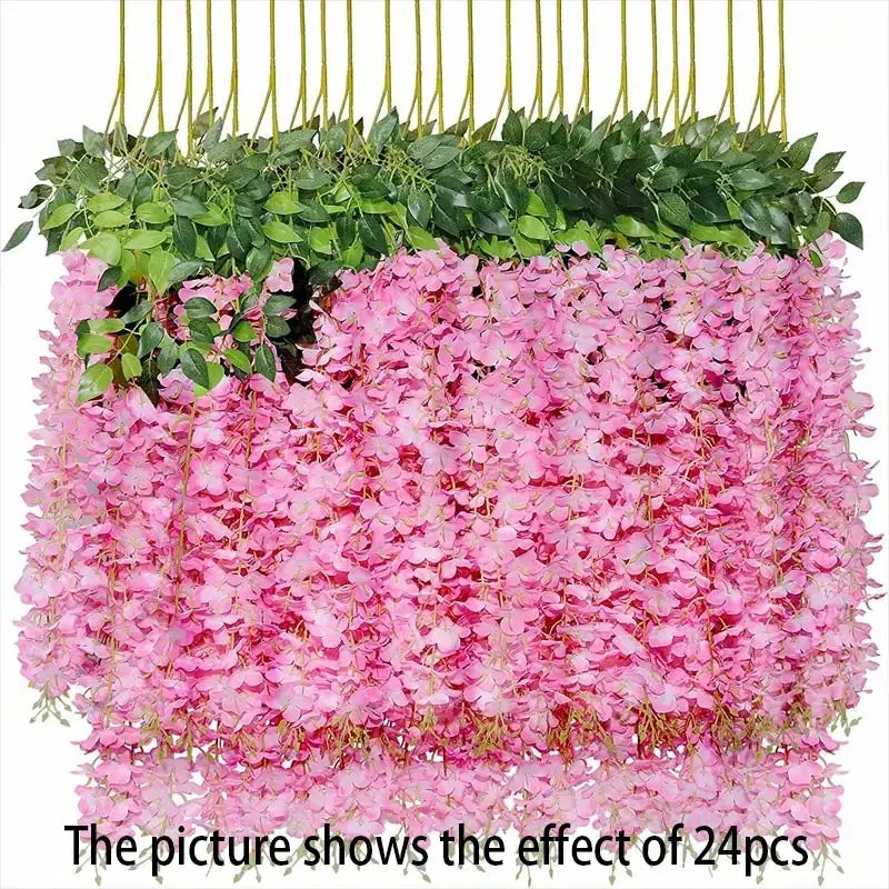 A dense display of pink artificial wisteria vine garland flowers